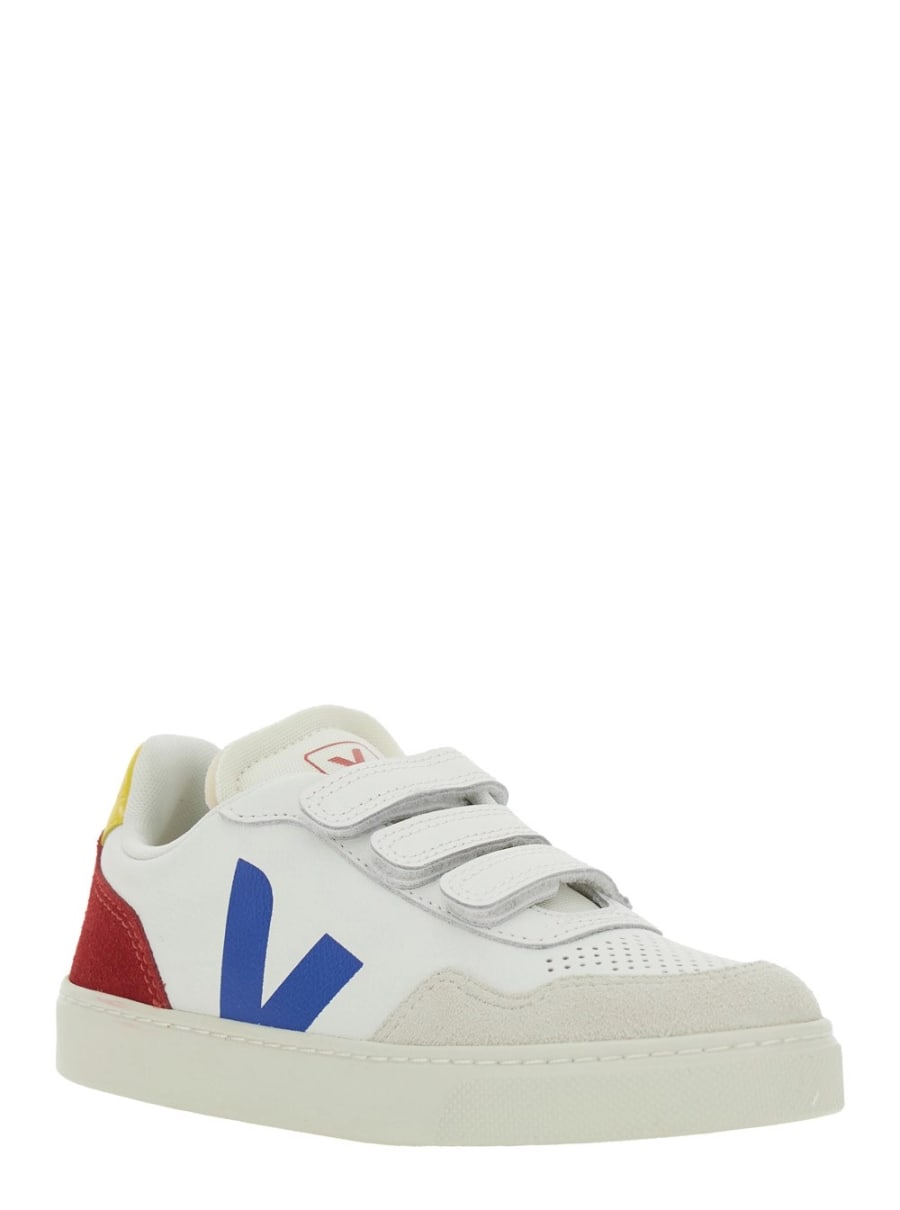 Veja kids Sneaker 'V-90' Low Top con Patch Logo sul Lato e Tallone a Contrasto con Logo Lettering in Pelle Bianca Bambino, view 2