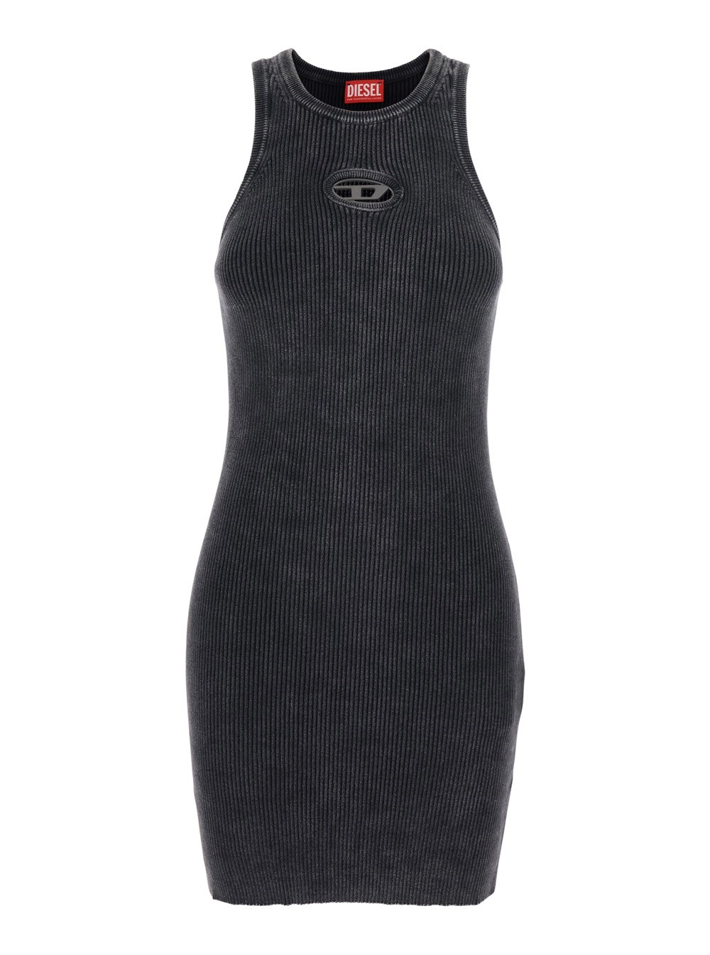 Diesel Abito Girocollo Smanicato con Cut-Out con Logo sul Fronte in Cotone a Coste Nero Donna
