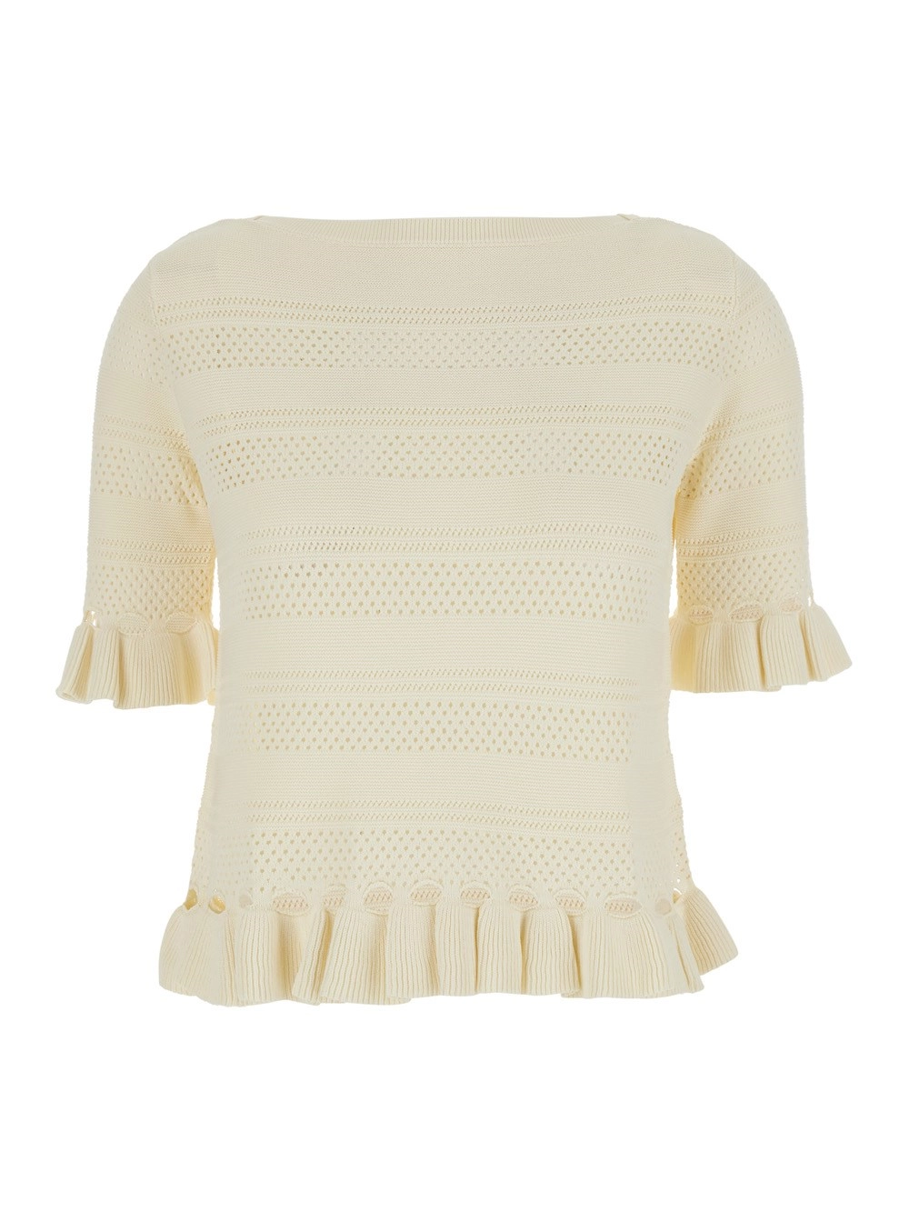 Twinset Maglia con Orli con Ruches e Design Traforato in Misto Lana Bianca Donna
