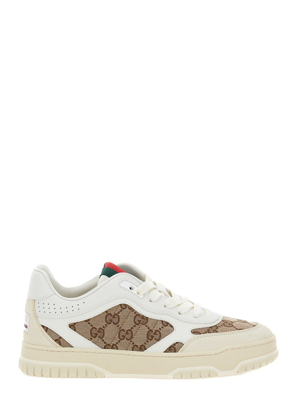 Gucci Sneaker Basse con Dettaglio Web in Pelle e Tessuto GG Supreme Beige e Bianco Donna