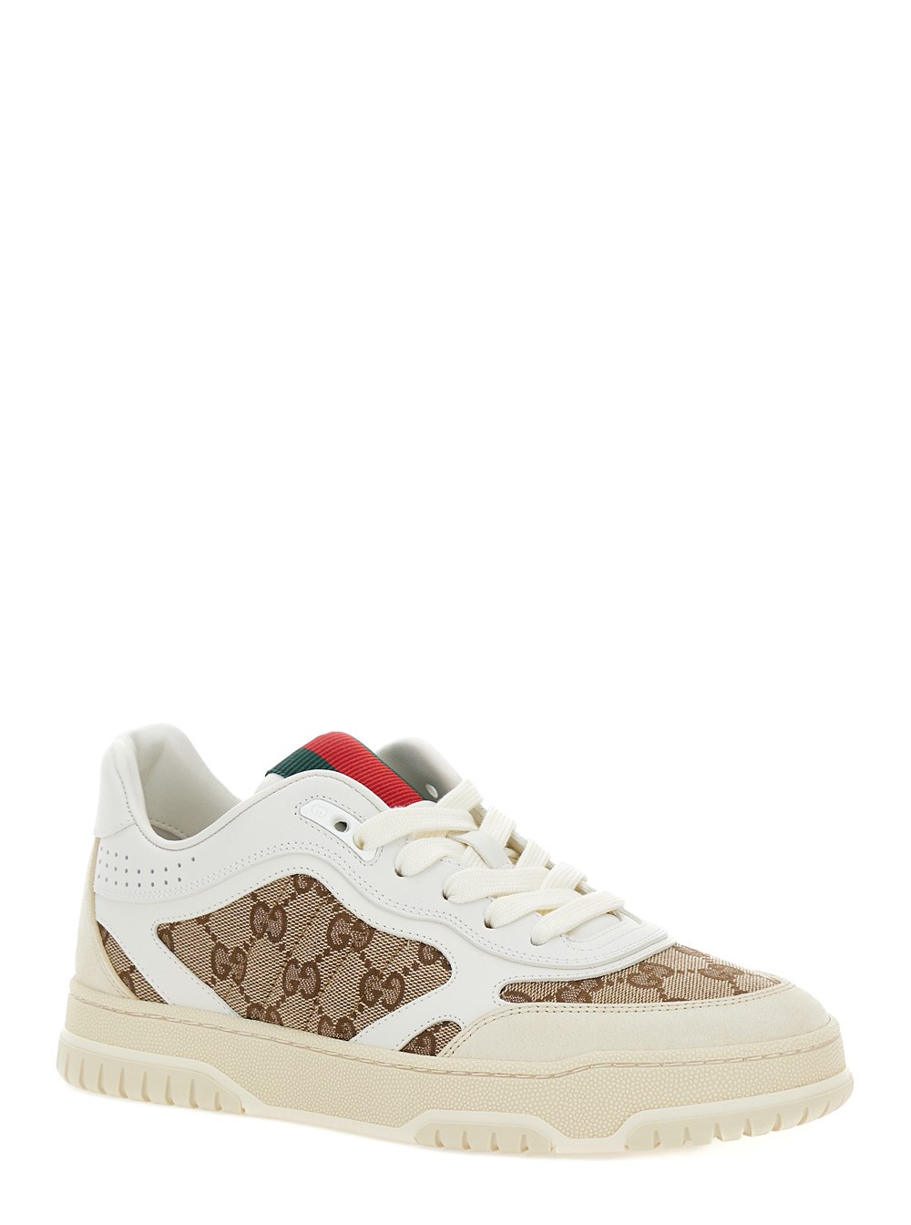 Gucci Sneaker Basse con Dettaglio Web in Pelle e Tessuto GG Supreme Beige e Bianco Donna, view 2