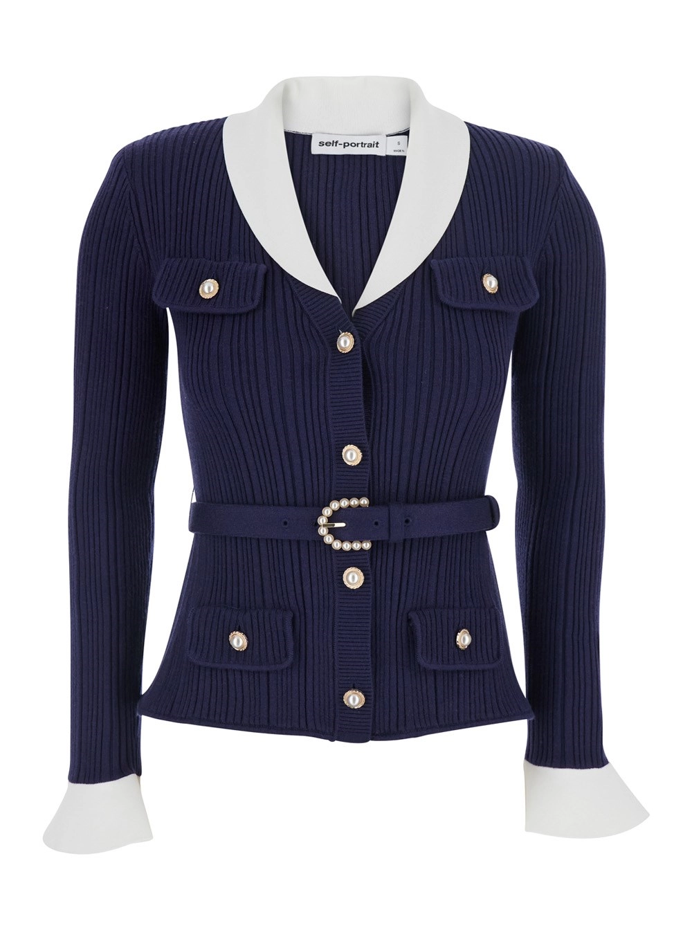 self-portrait Cardigan con lavorazione a coste e maniche lunghe in tessuto e cotone blu donna