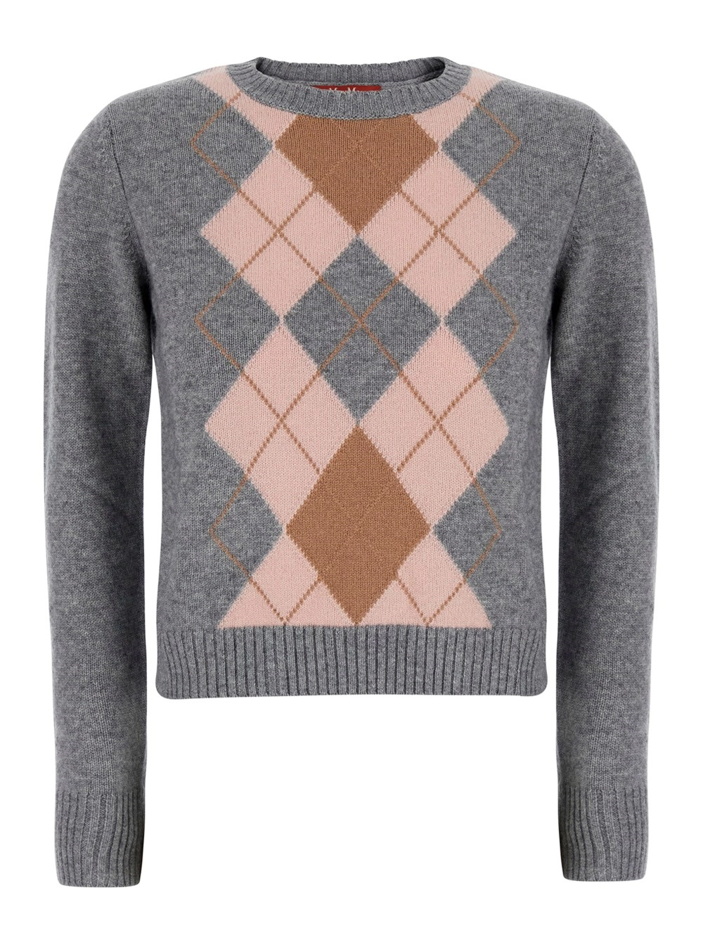 Max Mara Studio Maglione 'Faraone' corto girocollo con motivo a rombi sul fronte in lana e cashmere grigio donna
