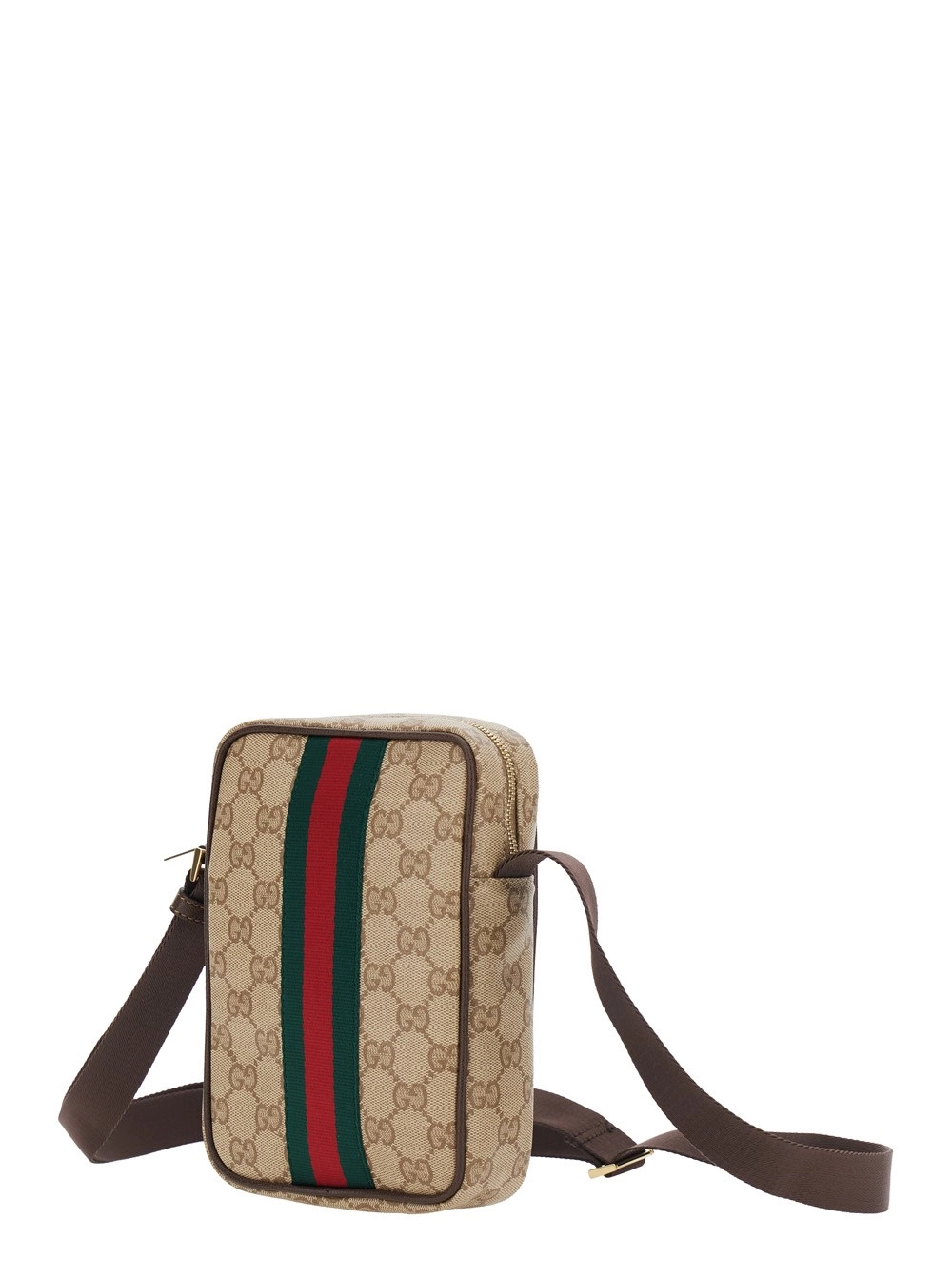 Gucci Borsa a Tracolla con Nastro Web e Tracolla Regolabile in Tela GG Supreme Beige Uomo, view 2