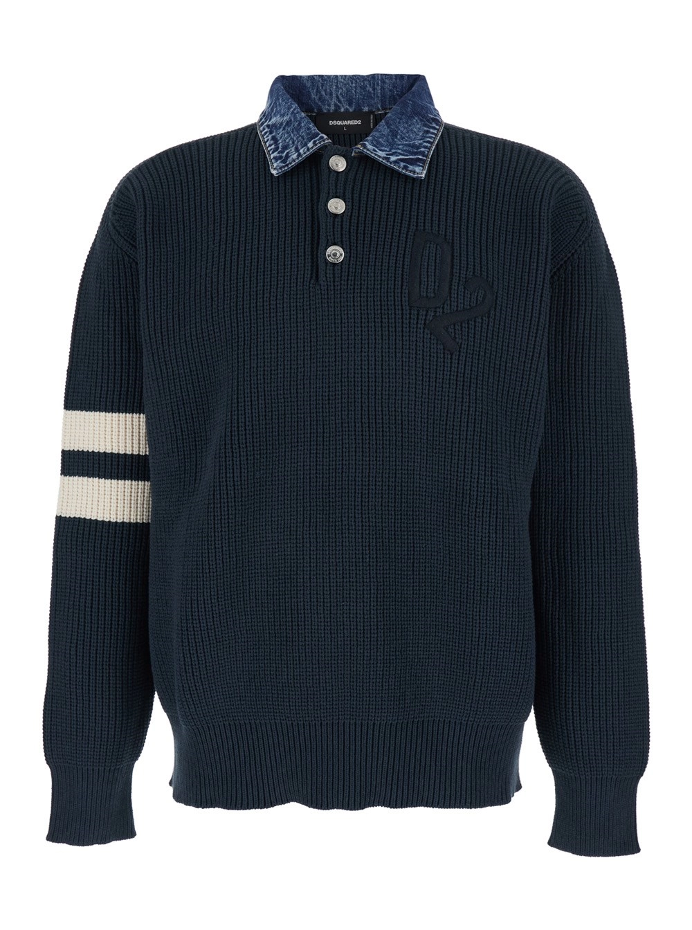 Dsquared2 Maglione con Colletto in Denim e Ricamo Logo sul Fronte in Misto Cotone Blu Uomo