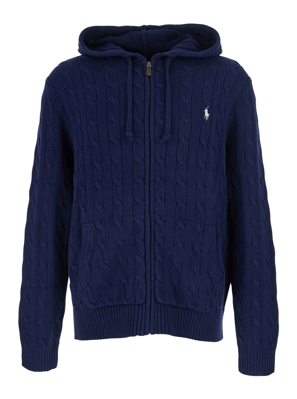 Polo Ralph Lauren Cardigan con Cappuccio con Coulisse e Patch Cavallino sul Fronte in Cotone Blu Uomo
