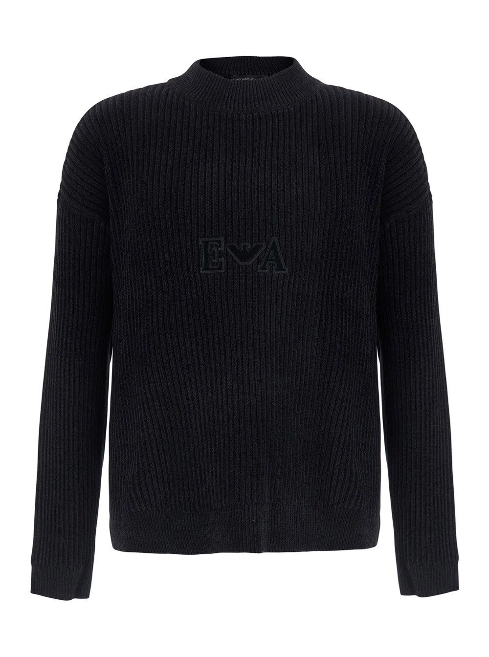 Emporio Armani Maglione con design a coste e logo sul fronte in cotone nero uomo