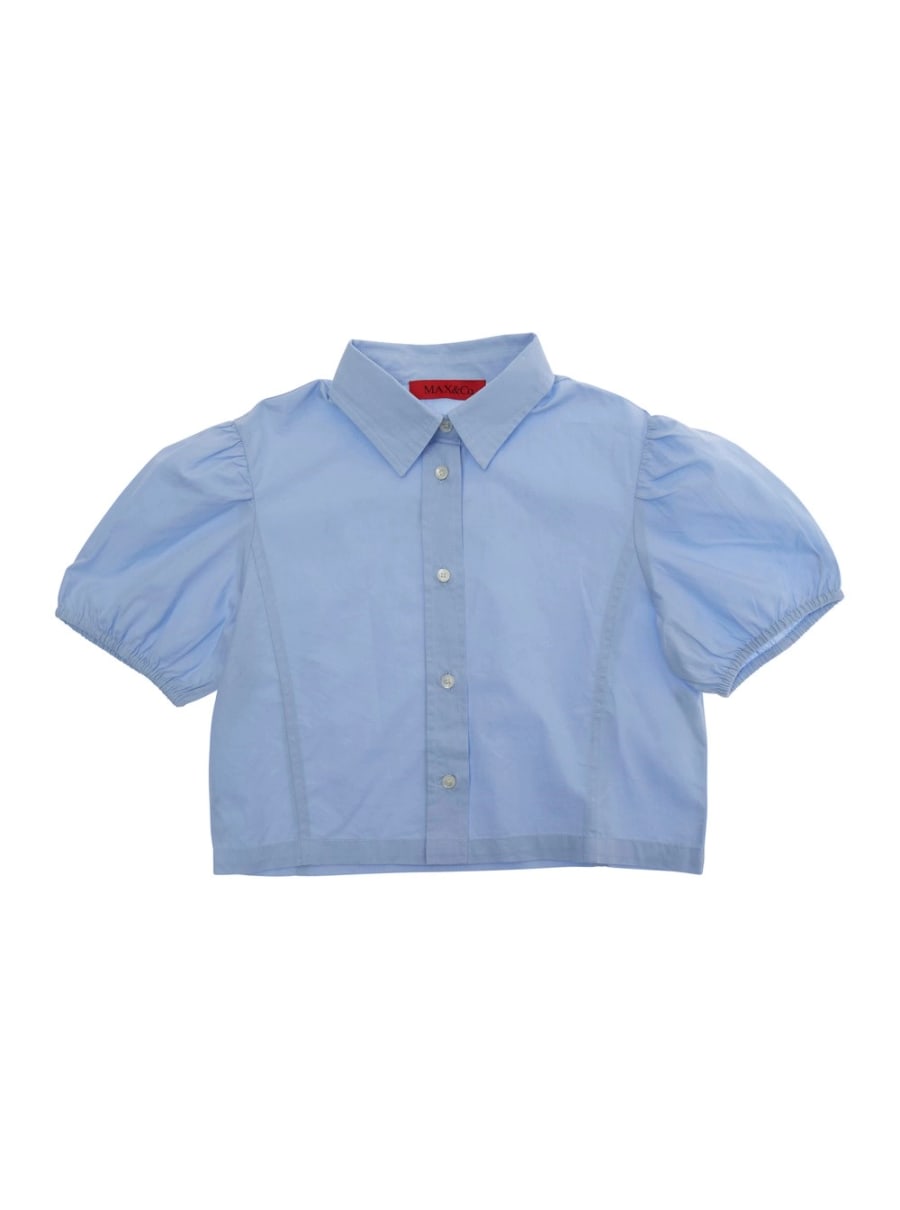 Max&co kids Camicia con maniche a sbuffo logo sul retro in cotone azzurra bambina