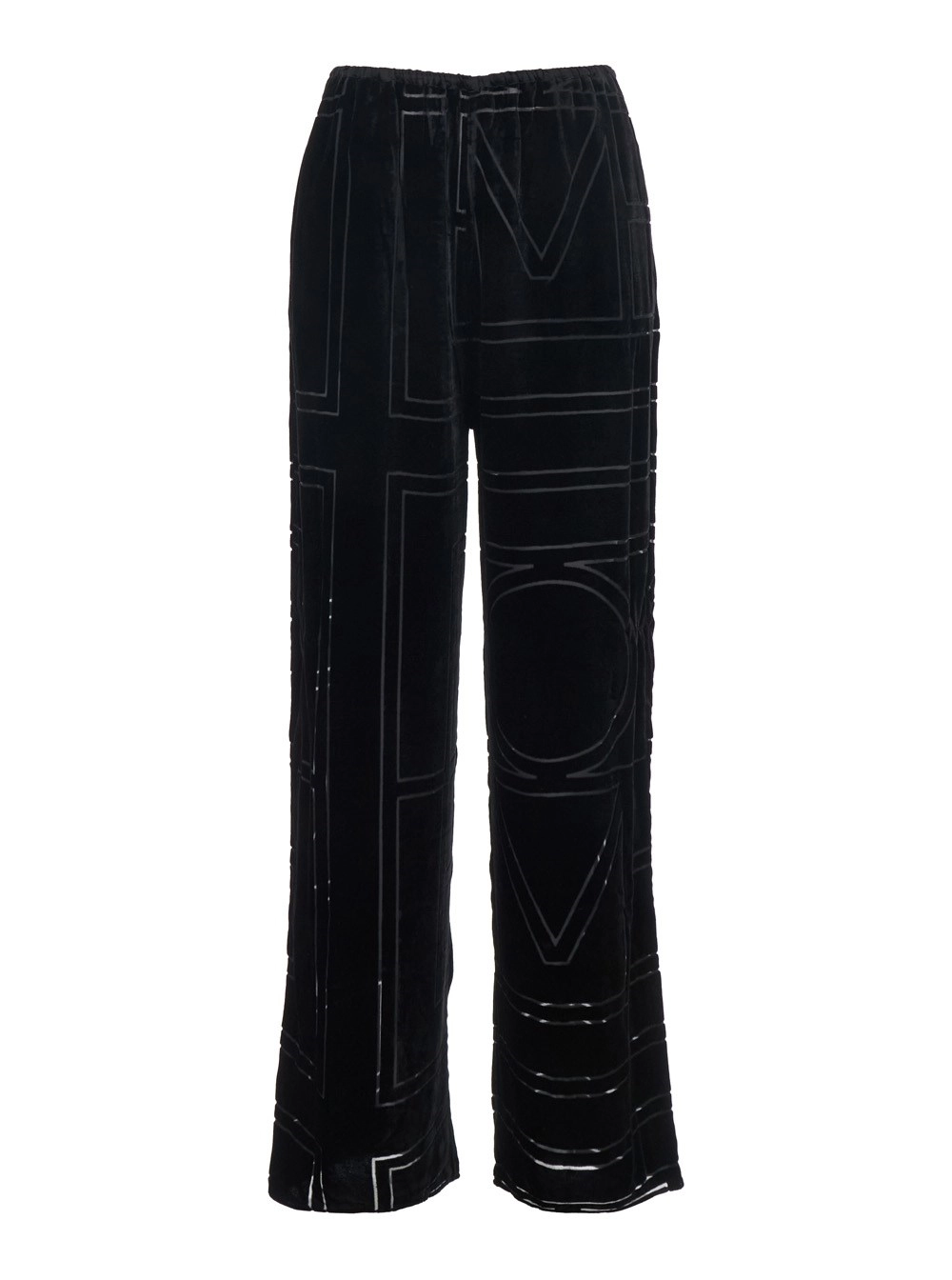 Toteme Pantalone con Vita Elasticizzata e Monogramma Logo All-Over in Velluto Nero Donna