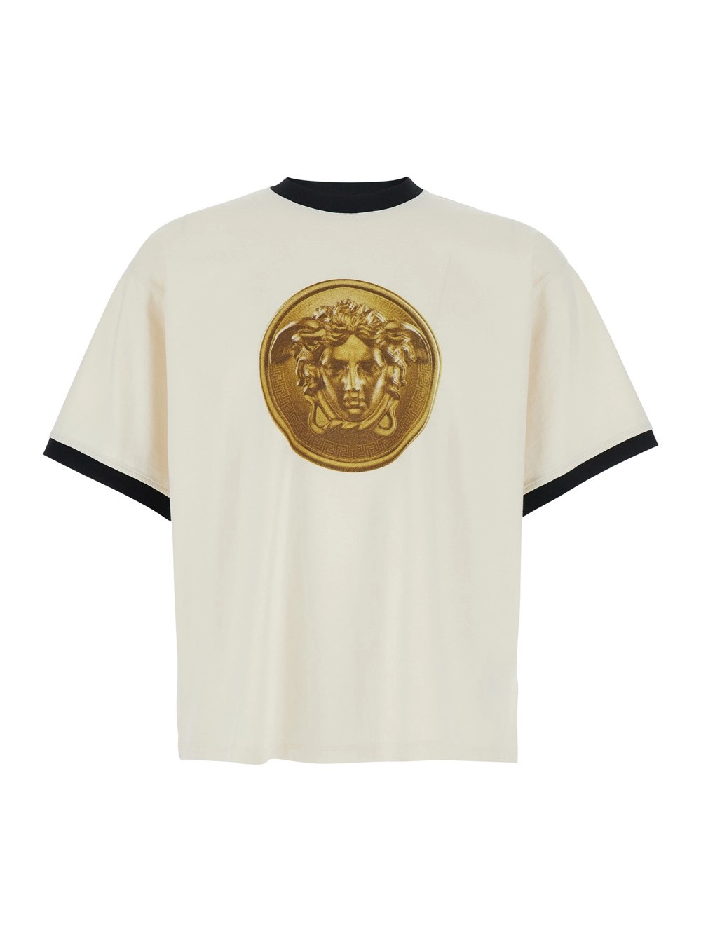 Versace Tshirt con stampa Mudusa Doblone sul fronte in cotone bianca uomo