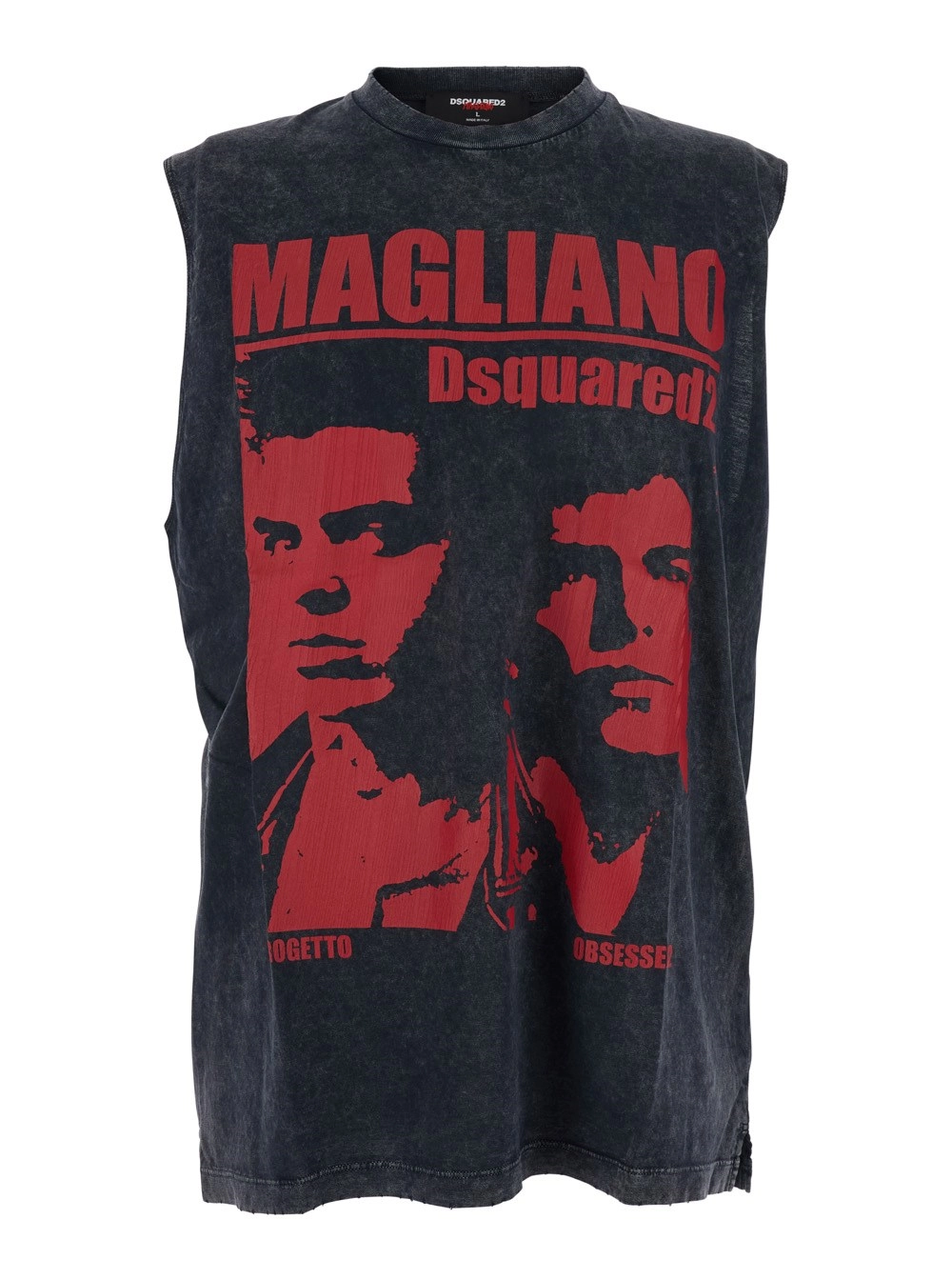 Dsquared2 Top 'D2 x Magliano' Girocollo con Logo Lettering e Stampa sul Fronte in Cotone Nero Uomo