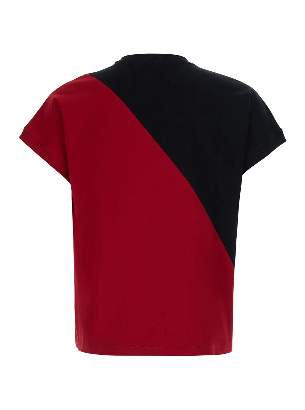 Versace T-shirt con design color-block e logo lettering sul fronte in cotone stretch nera e rossa uomo, view 2