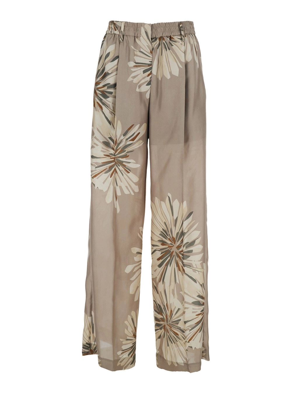 Brunello Cucinelli Pantaloni Beige con Vita Elasticizzata e Stampa Floreale all-Over in Seta Donna