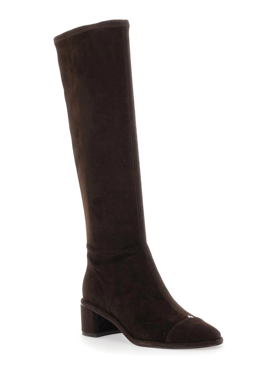 Tory Burch Stivali al Ginocchio con Tacco Largo in Suede Marroni Donna, view 2