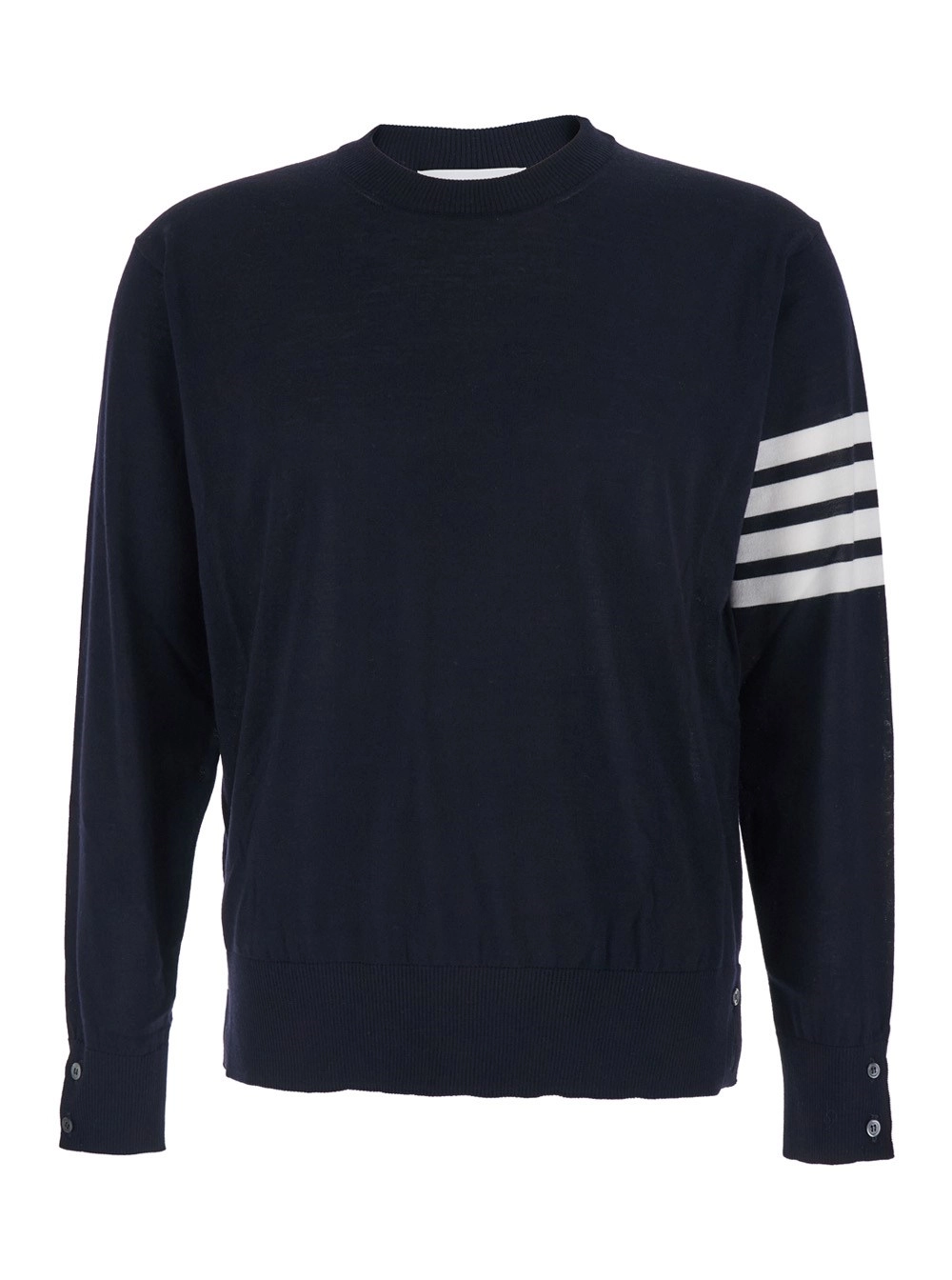 Thom Browne Maglione Girocollo con 4-Bar sulla Manica e Rifiniture a Coste in Lana Blu Uomo