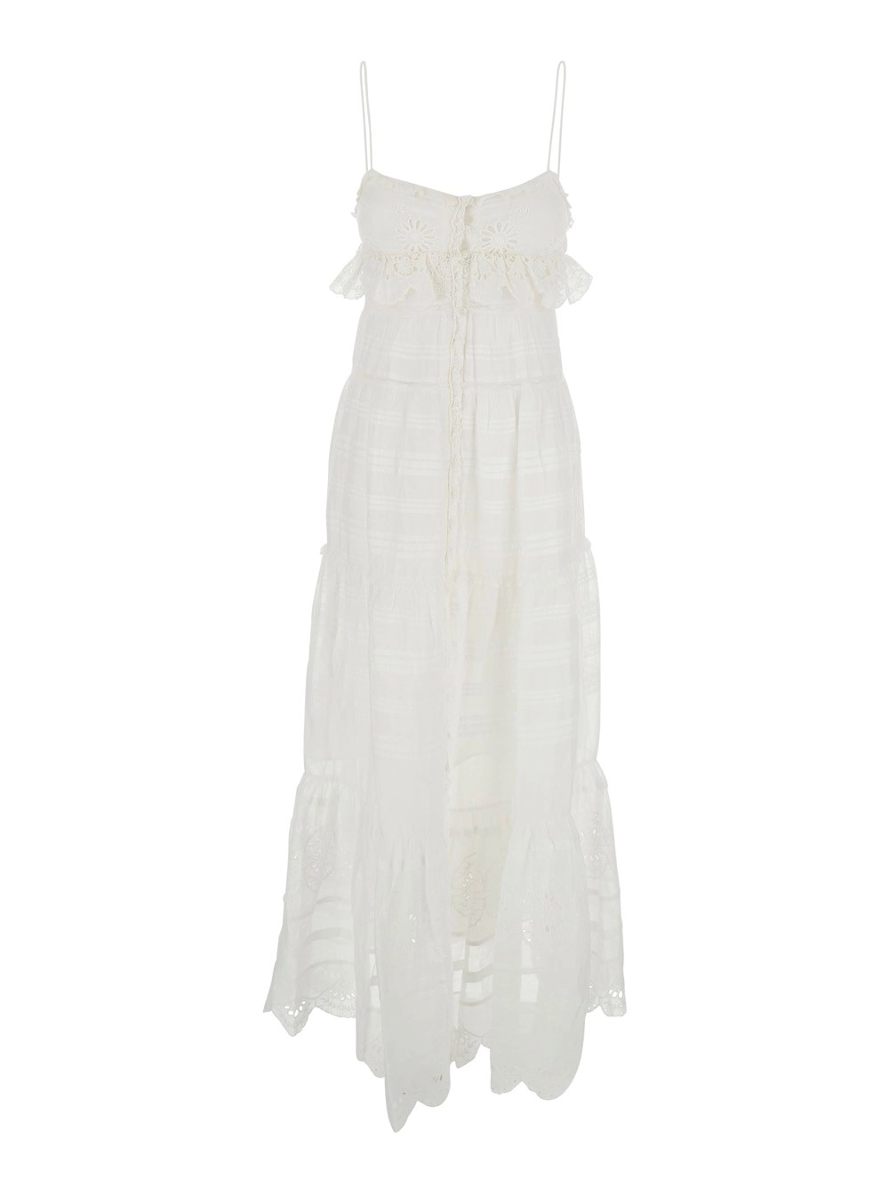 Marant etoile Abito Lungo 'Paule' Smanicato con Ricamo All-Over e Dettagli con Ruches in Cotone Bianco Donna