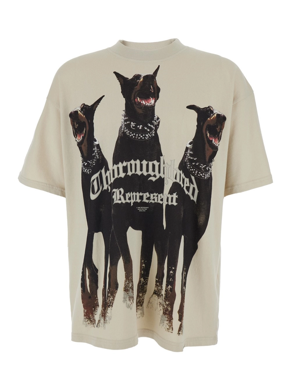 Represent T-Shirt 'Thoroughbred' con Stampa Grafica Doberman e Logo Lettering sul Fronte in Cotone Beige Uomo