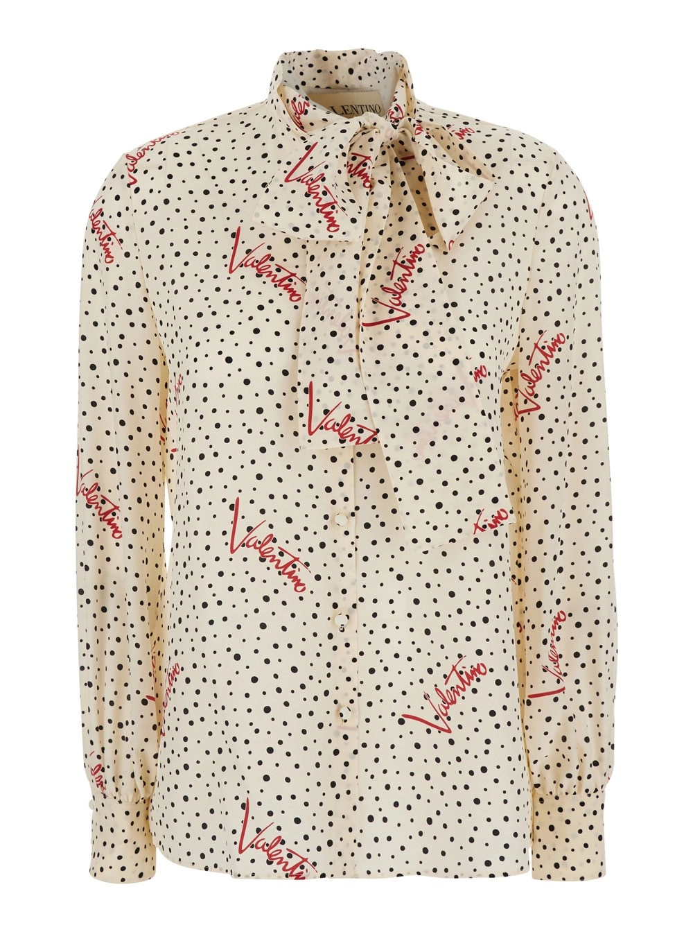Valentino Blusa con Dettaglio con Fiocco sul Fronte e Motivo a Pois con Logo All-Over in Seta Bianca Donna