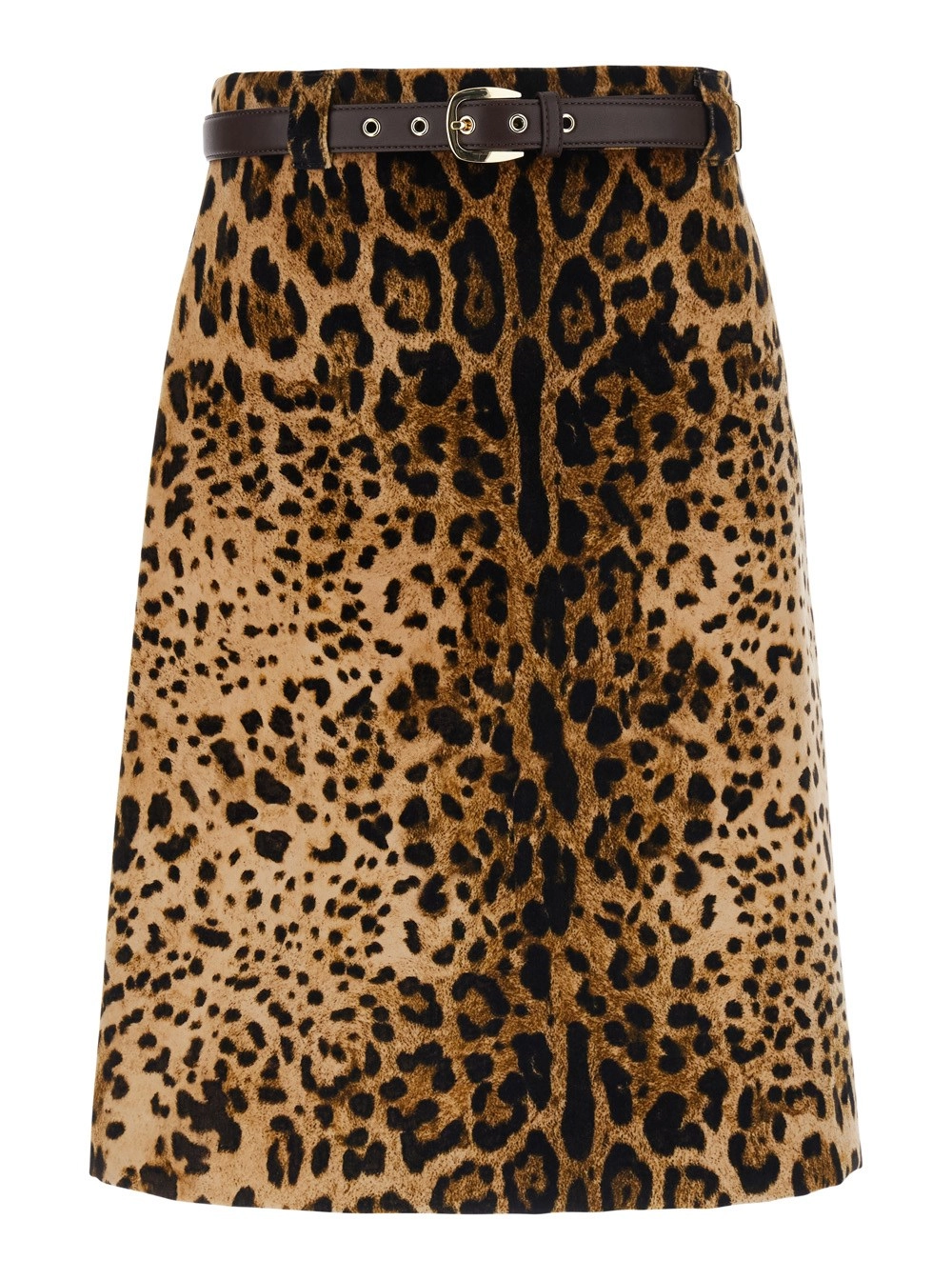 Max Mara Studio Gonna Svasata 'Falange' con Cintura sul Fronte e Motivo Animalier All-Over in Velluto Marrone Donna