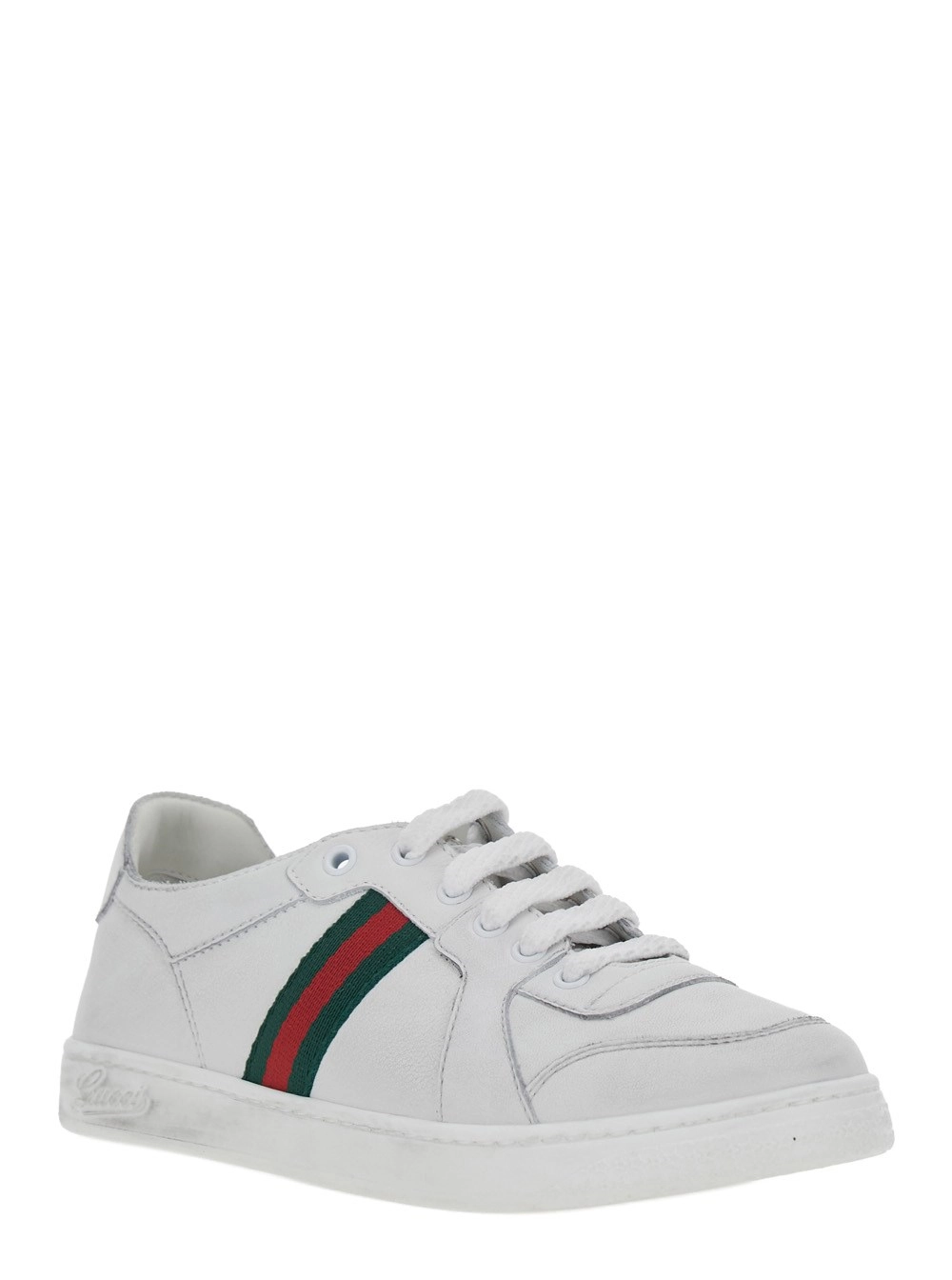 Gucci kids Sneakers low top con dettaglio Web sul lato e logo GG sulla linguetta in pelle bianche bambino, view 2