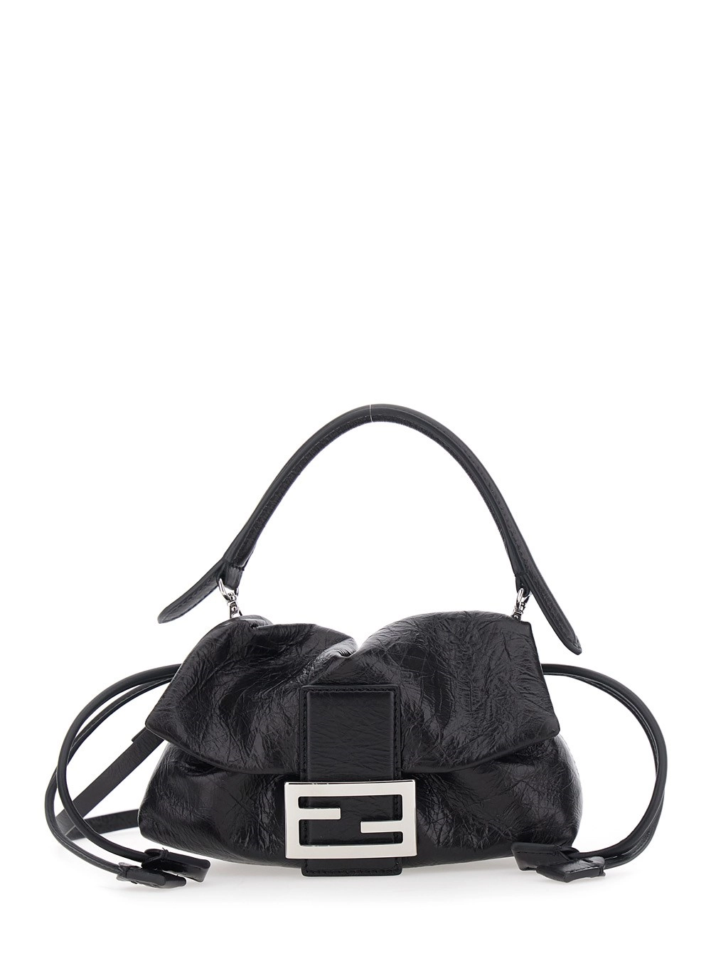 Fendi Borsa a Spalla 'Baguette' con Placca FF sul Fronte e Tracolla Regolabile e Removibile in Pelle Nera Donna