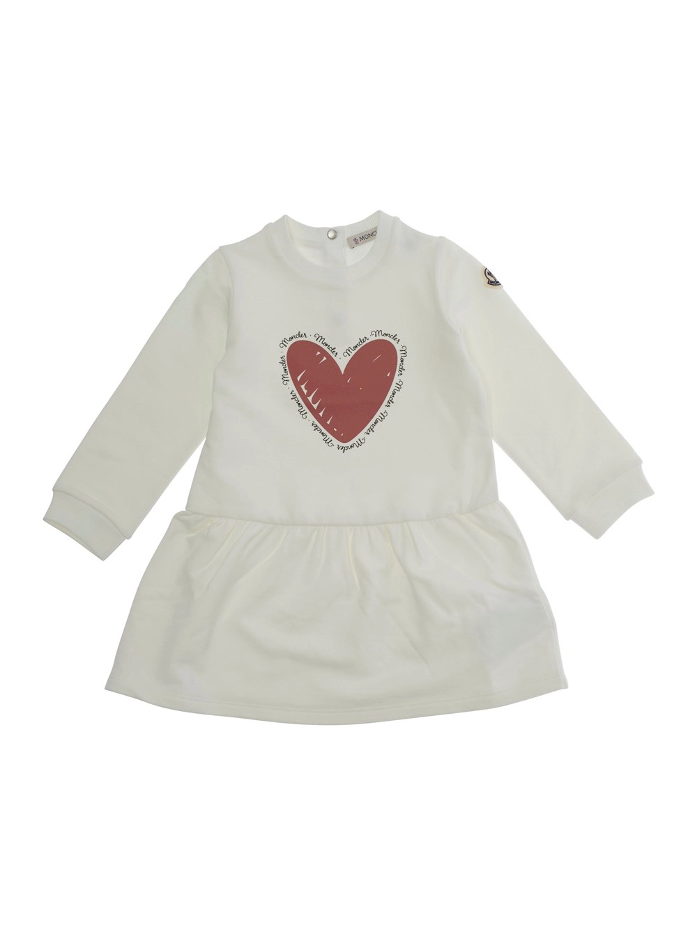 Moncler kids Abito Girocollo con Stampa a Cuore sul Fronte e Patch Logo sulla Manica in Cotone Stretch  Bianco Baby