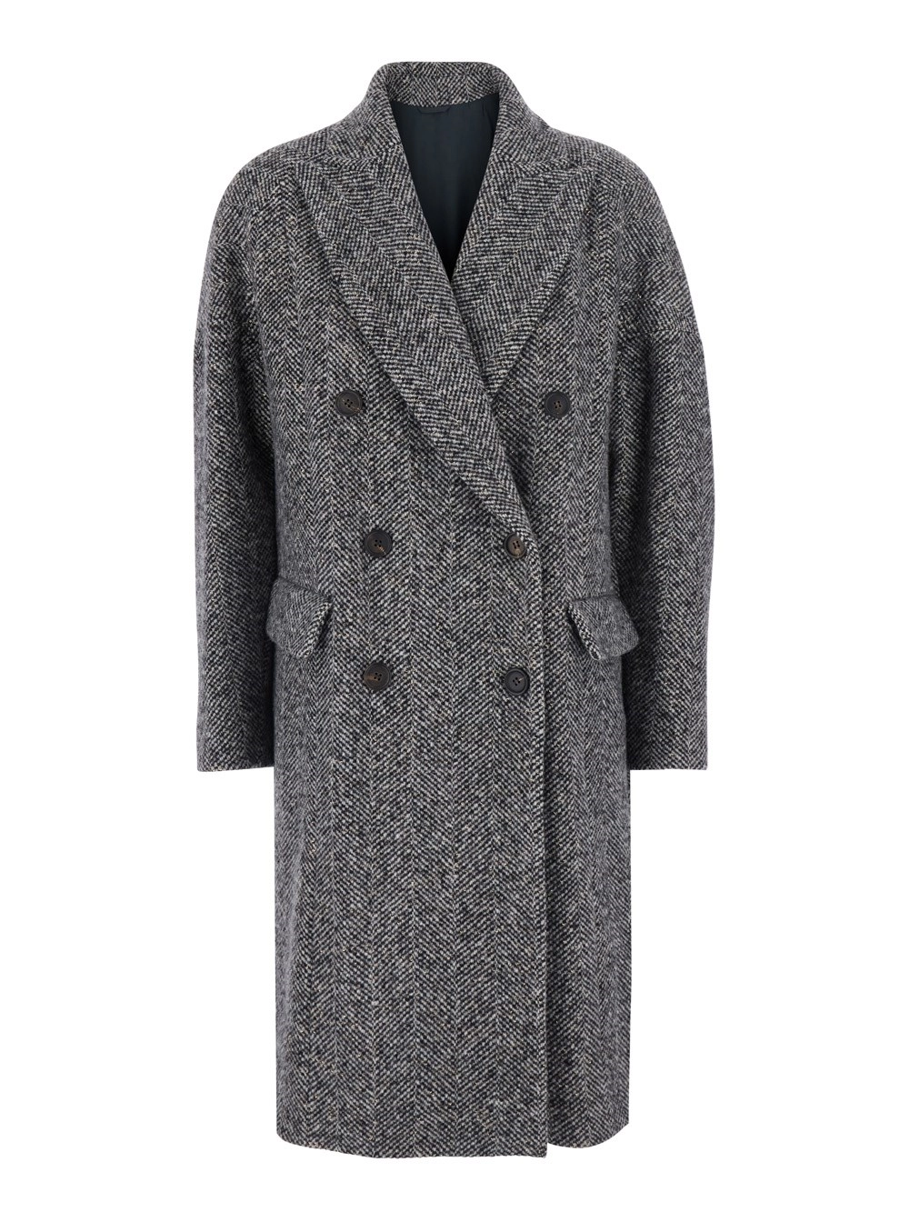 Brunello Cucinelli Cappotto doppio petto con revers a lancia in lana grigio per donna