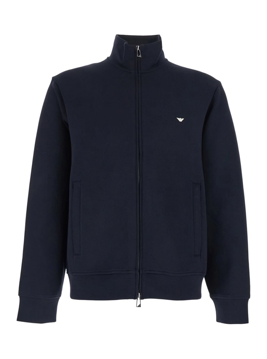 Emporio Armani Felpa a Collo Alto con Ricamo Logo sul Fronte e Chiusura con Zip sul Fronte in Misto Cotone Blu Uomo