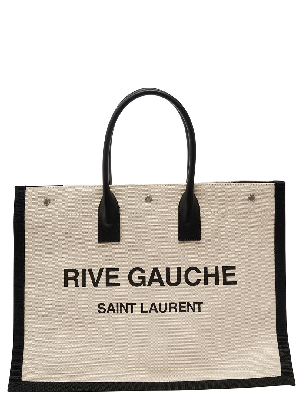 Saint Laurent Borsa Shopper 'Rive Gauche Grande' con Stampa Logo a Contrasto in Cotone e Lino Beige Uomo