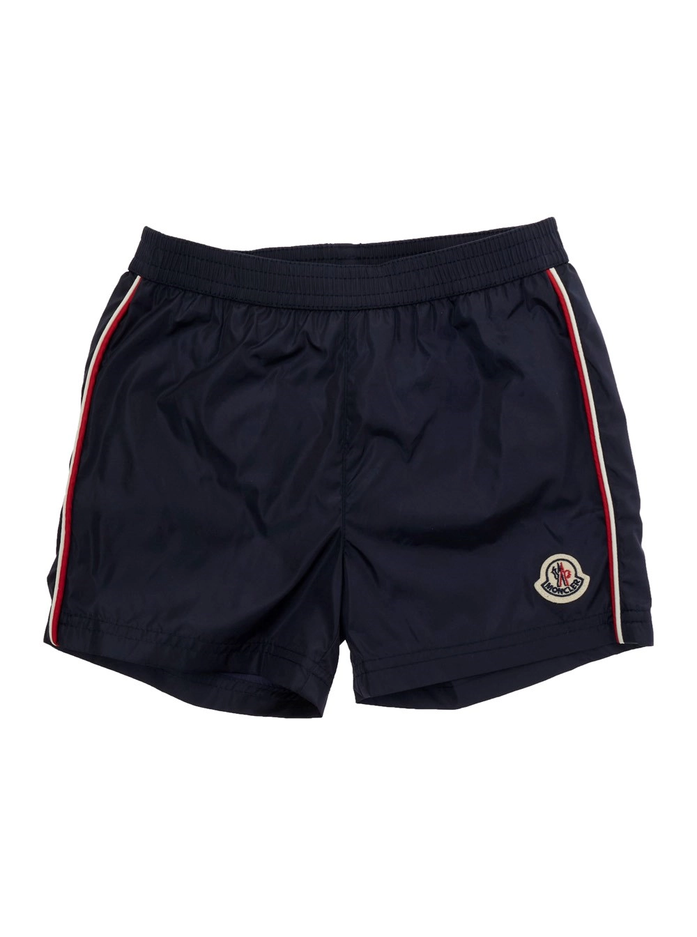 Moncler kids Costume da bagno con Patch Logo sul Fronte e Dettaglio a Righe sul Lato in Tessuto Tecnico Blu Baby