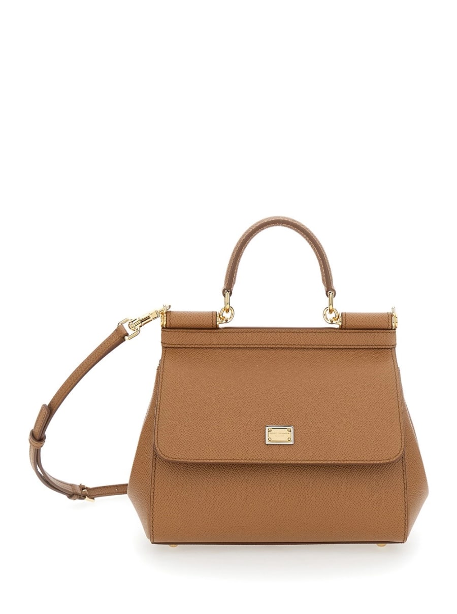 Dolce & Gabbana Borsa a Mano 'My Sicily' Media con Placca Logo sul Fronte in Pelle Martellata Marrone Donna
