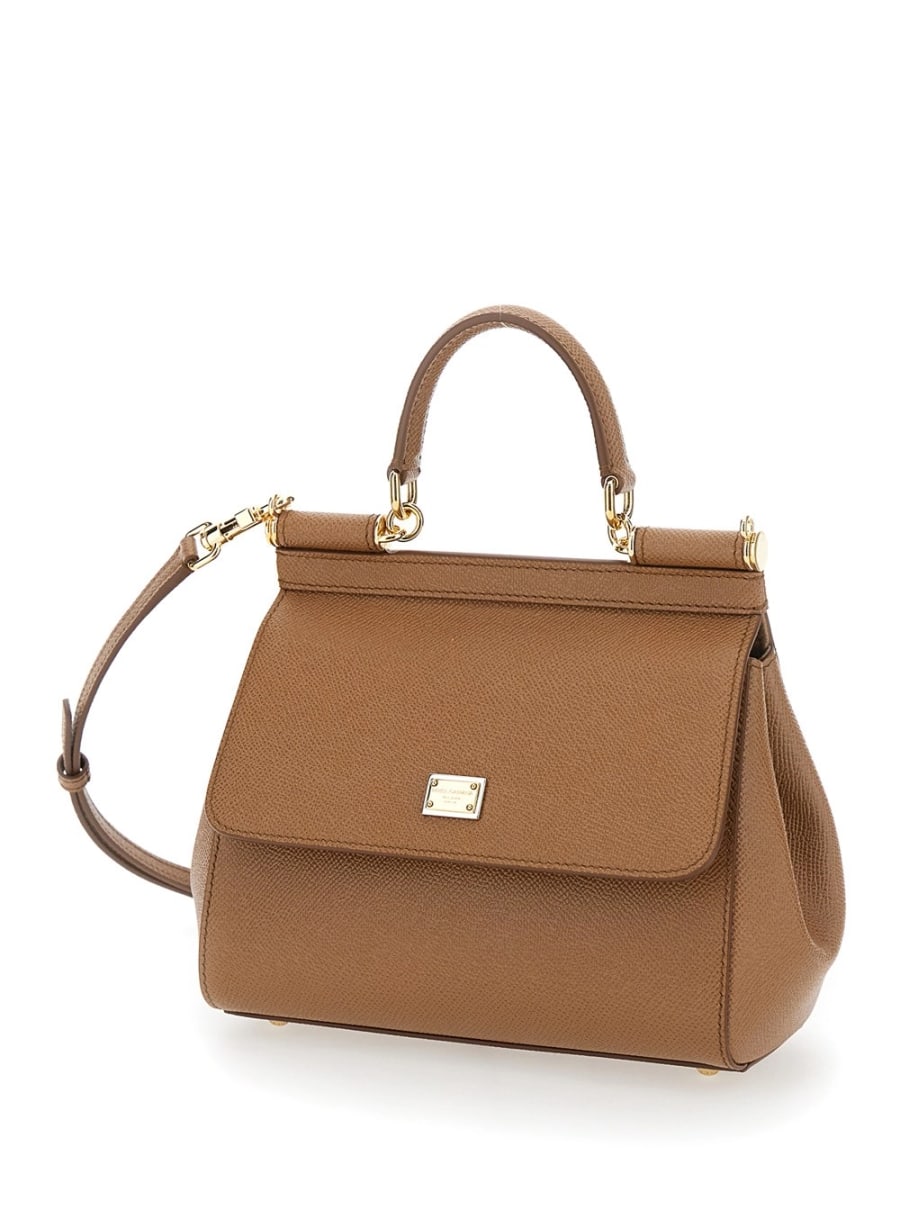 Dolce & Gabbana Borsa a Mano 'My Sicily' Media con Placca Logo sul Fronte in Pelle Martellata Marrone Donna, view 2