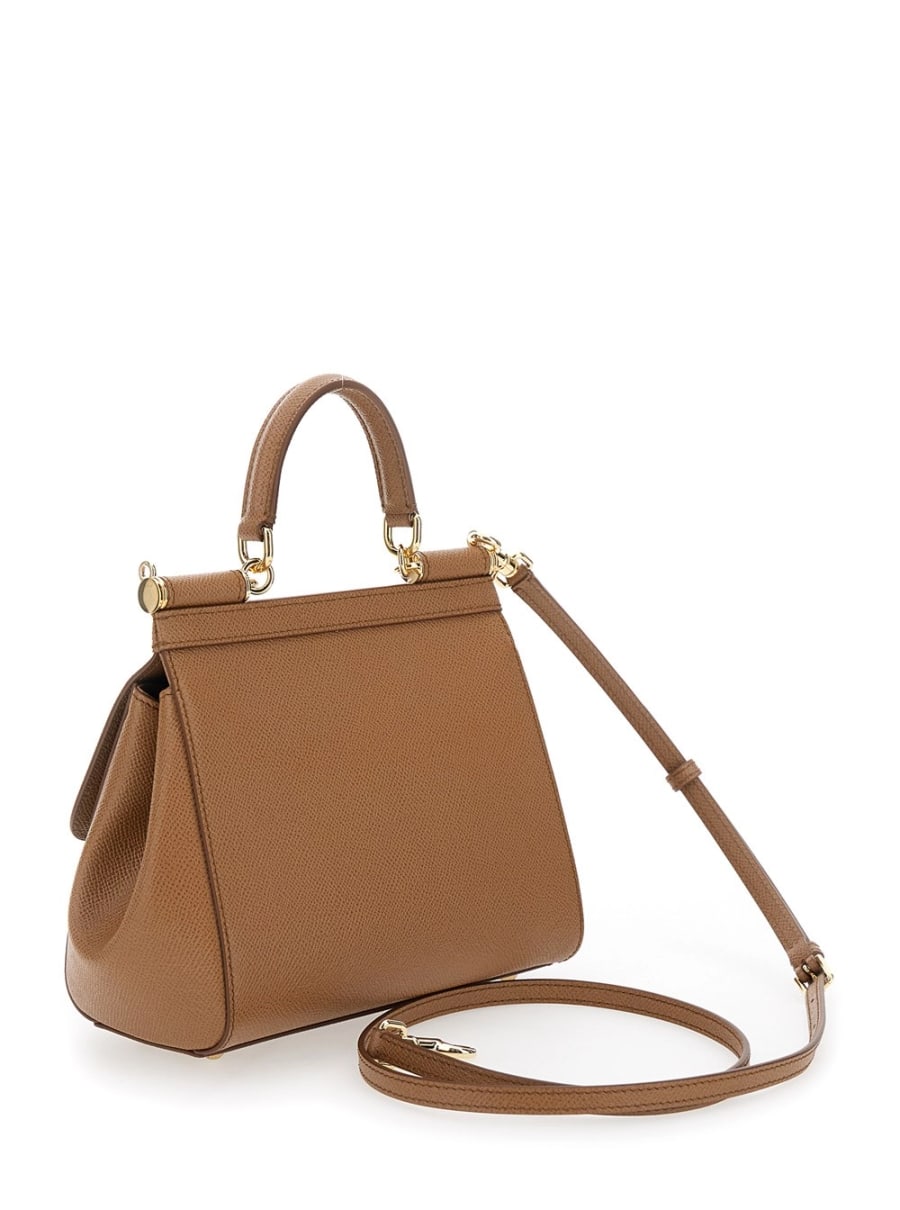 Dolce & Gabbana Borsa a Mano 'My Sicily' Media con Placca Logo sul Fronte in Pelle Martellata Marrone Donna, view 3
