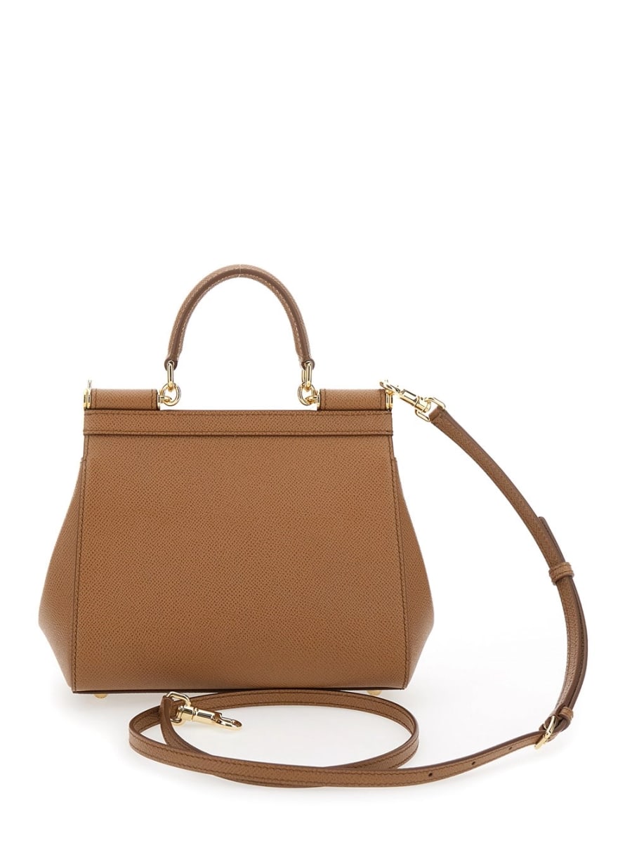 Dolce & Gabbana Borsa a Mano 'My Sicily' Media con Placca Logo sul Fronte in Pelle Martellata Marrone Donna, view 4