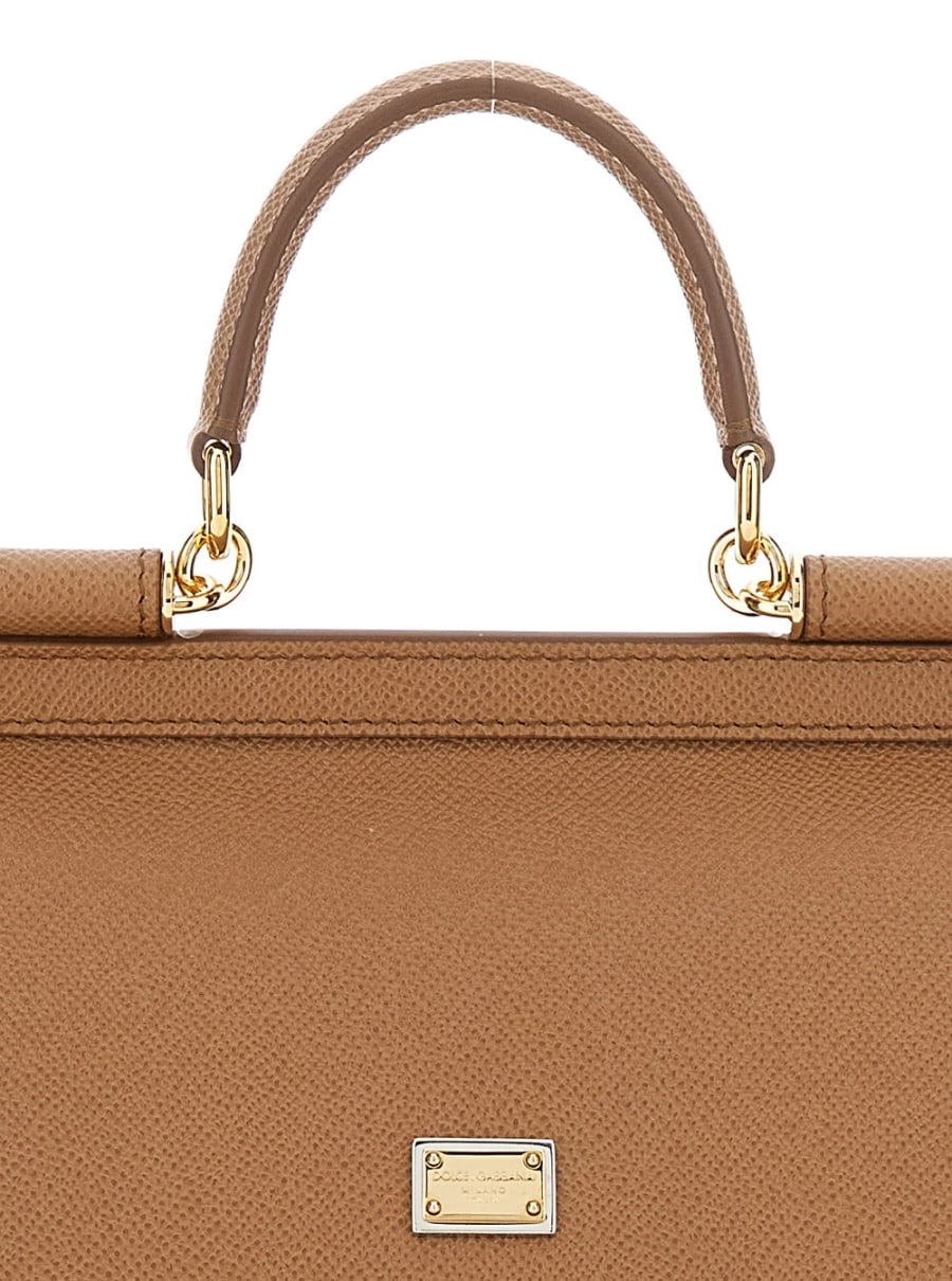 Dolce & Gabbana Borsa a Mano 'My Sicily' Media con Placca Logo sul Fronte in Pelle Martellata Marrone Donna, view 5