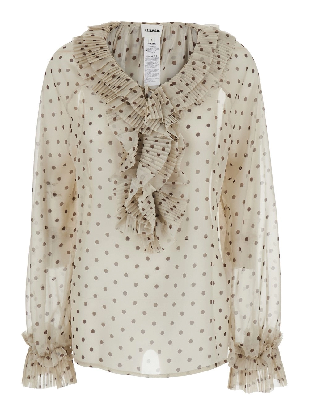 P.A.R.O.S.H. Blusa con Ruches sul Fronte e Stampa a Pois All-Over in Tessuto Tecnico Beige Donna