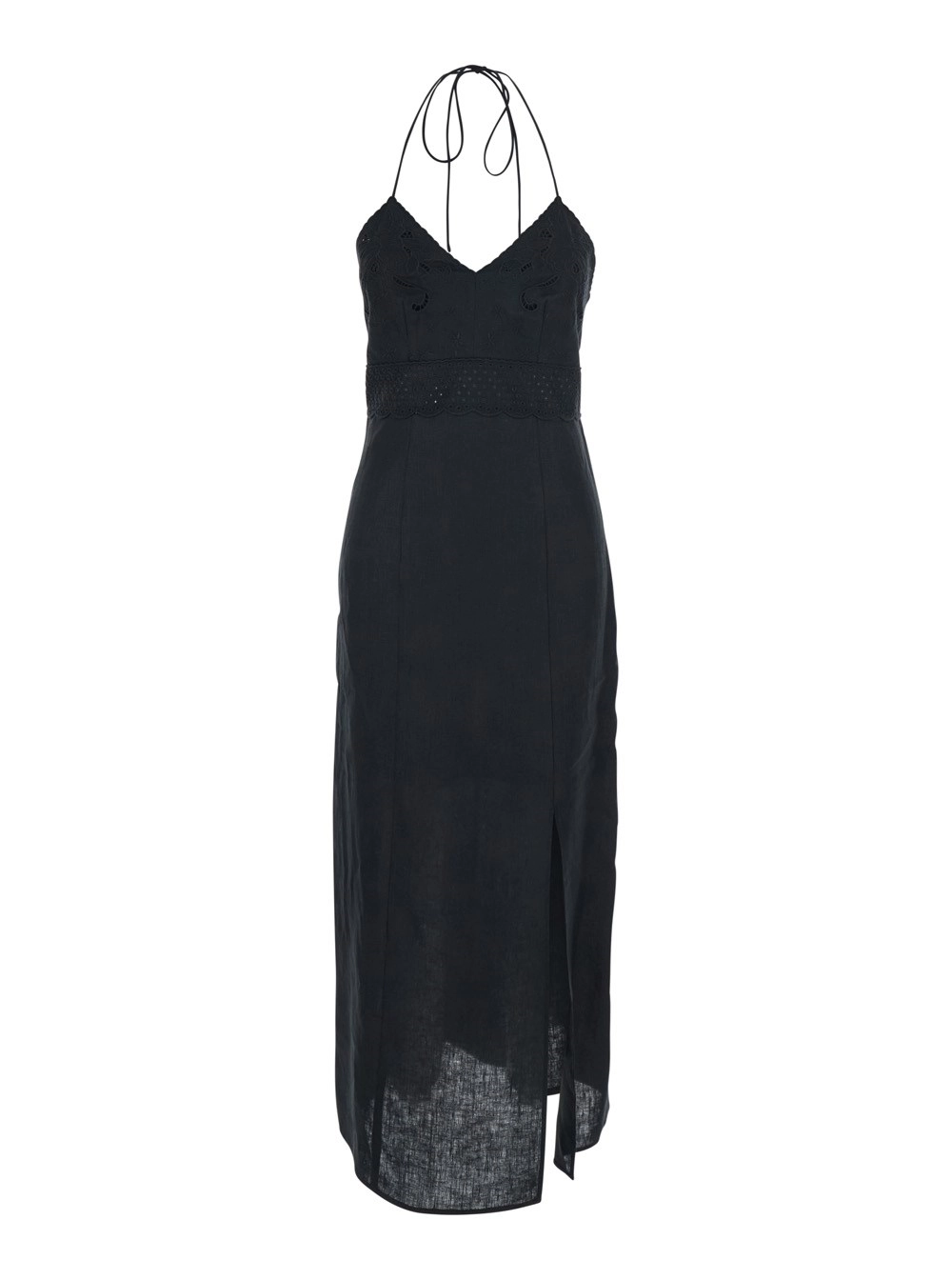 Twinset Abito Lungo con Scollo a V e Dettagli con Ricami in Lino Nero Donna