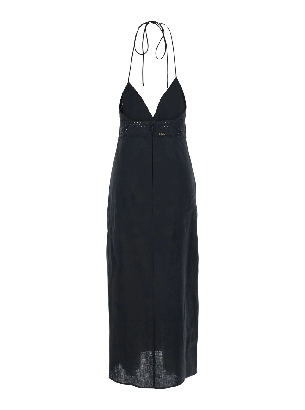 Twinset Abito Lungo con Scollo a V e Dettagli con Ricami in Lino Nero Donna, view 2