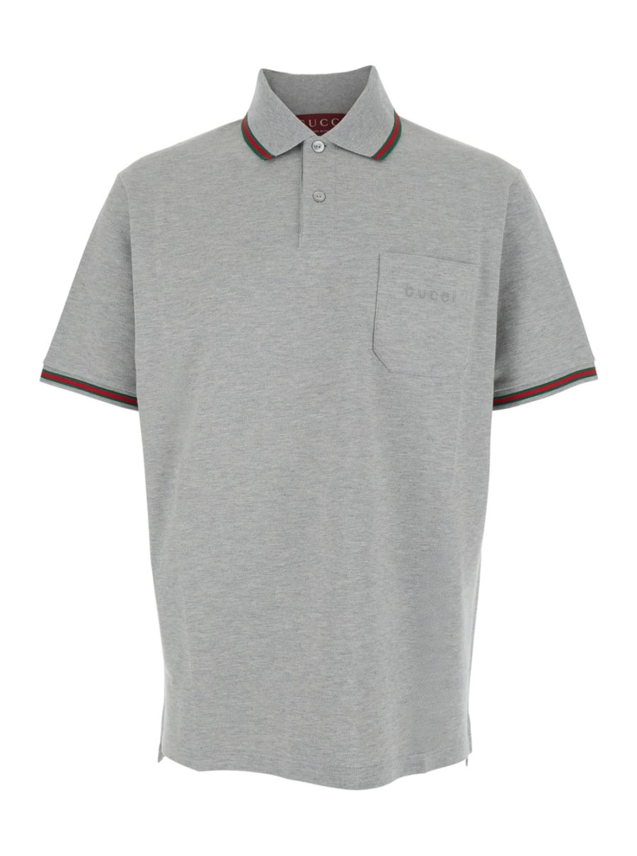 Gucci Polo con Dettagli Web e Logo Lettering sul Fronte in Misto Lana Grigia Uomo