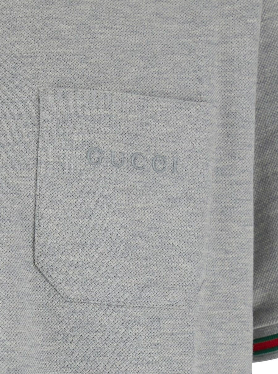 Gucci Polo con Dettagli Web e Logo Lettering sul Fronte in Misto Lana Grigia Uomo, view 3