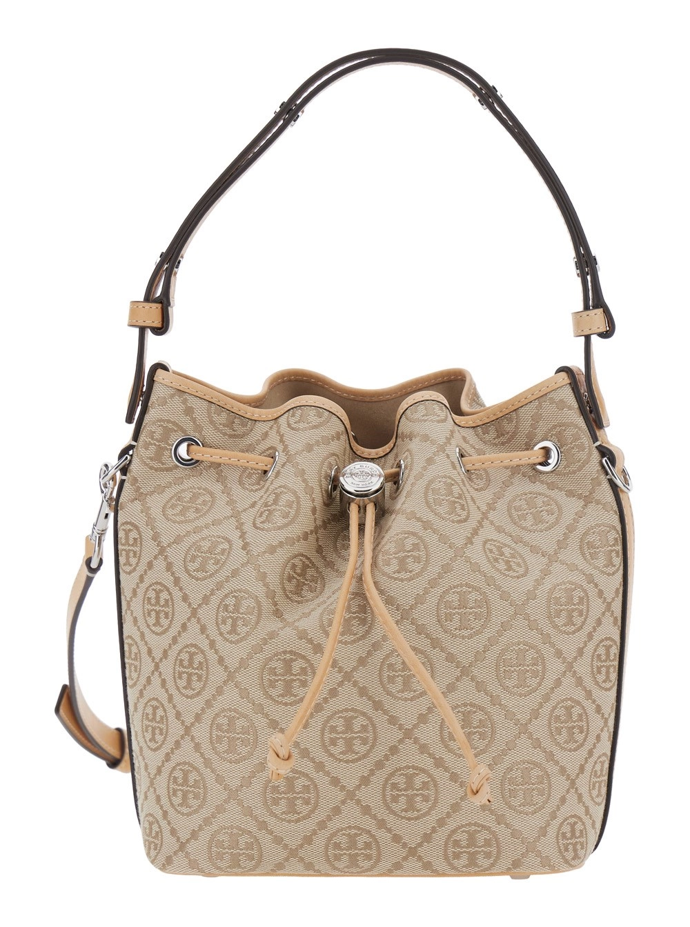 Tory Burch Borsa a Mano con Tracolla Regolabile e Removibile e Monogramma Logo All-Over in Tessuto Beige Donna