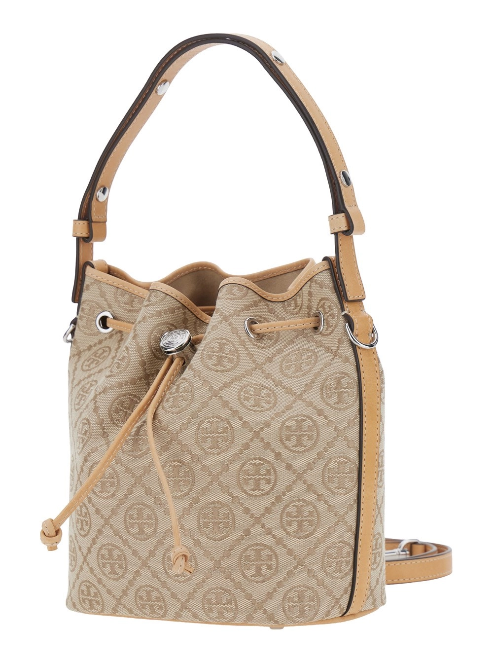 Tory Burch Borsa a Mano con Tracolla Regolabile e Removibile e Monogramma Logo All-Over in Tessuto Beige Donna, view 2