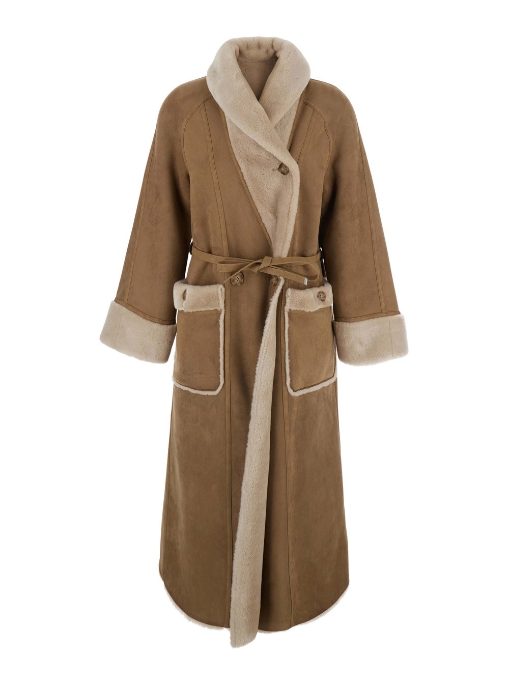 Urbancode Cappotto pelliccia lungo con design reversibile e cintura in vita in eco-pelliccia beige per donna