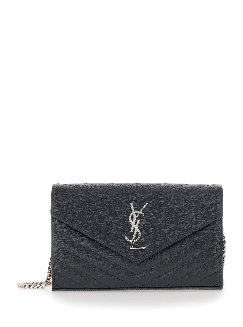 Saint Laurent Borsa a Tracolla con Tracola a Catena e Placca Cassandre sul Fronte in Pelle Nera Donna