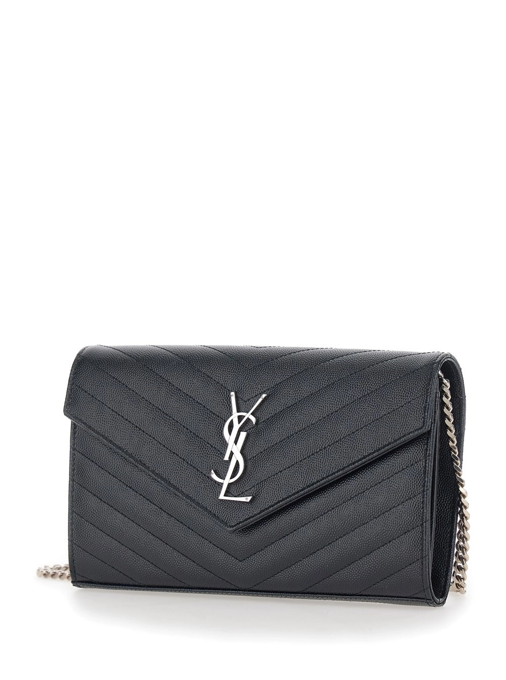Saint Laurent Borsa a Tracolla con Tracola a Catena e Placca Cassandre sul Fronte in Pelle Nera Donna, view 2