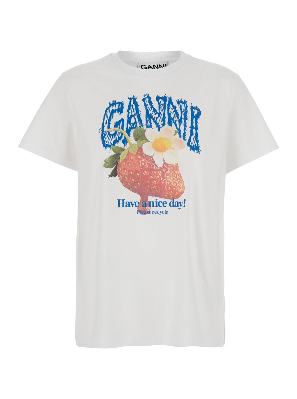 Ganni T-shirt girocollo con maxi stampa logo lettering e fragole sul fronte in cotone bianca donna