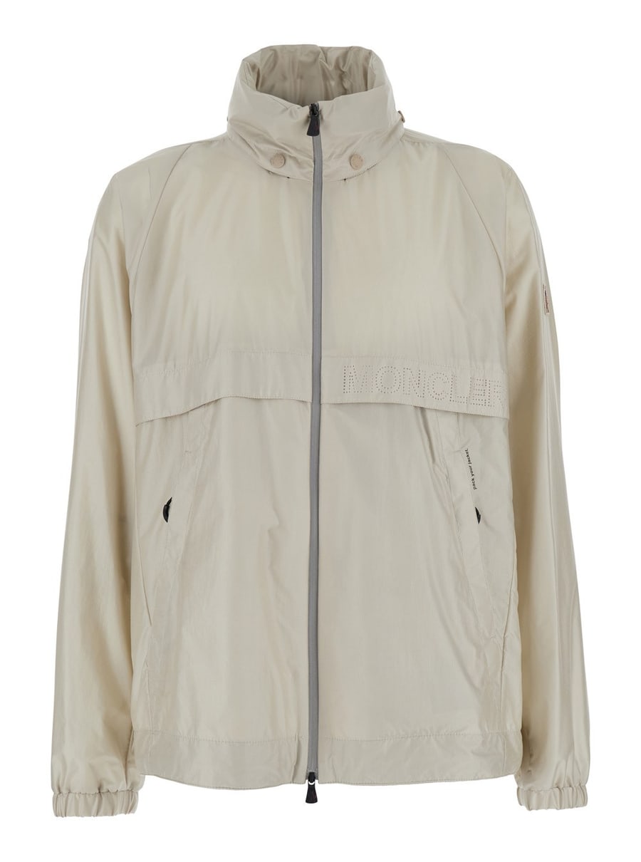 Moncler grenoble Giubbotto 'Negara' con Logo Impresso sul Fronte e Cappuccio Removibile in Tessuto Tecnico Beige Uomo