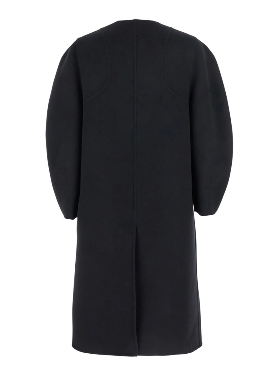 Fendi Cappotto Girocollo con Maniche a Palloncino e Due Tasche in Pelliccia sul Fronte in Misto Lana Nero Donna, view 2