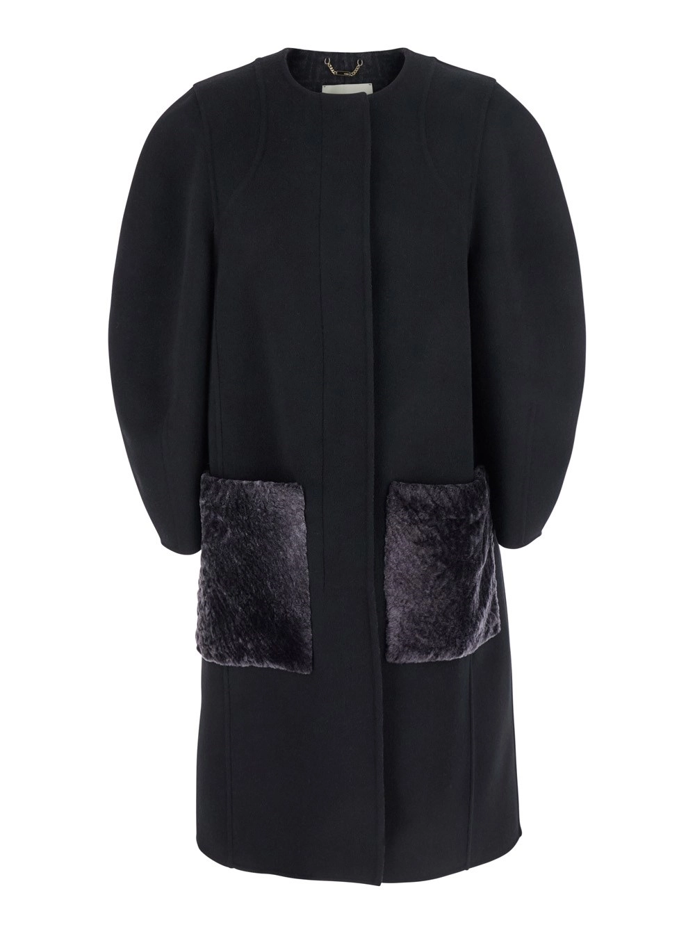 Fendi Cappotto Girocollo con Maniche a Palloncino e Due Tasche in Pelliccia sul Fronte in Misto Lana Nero Donna
