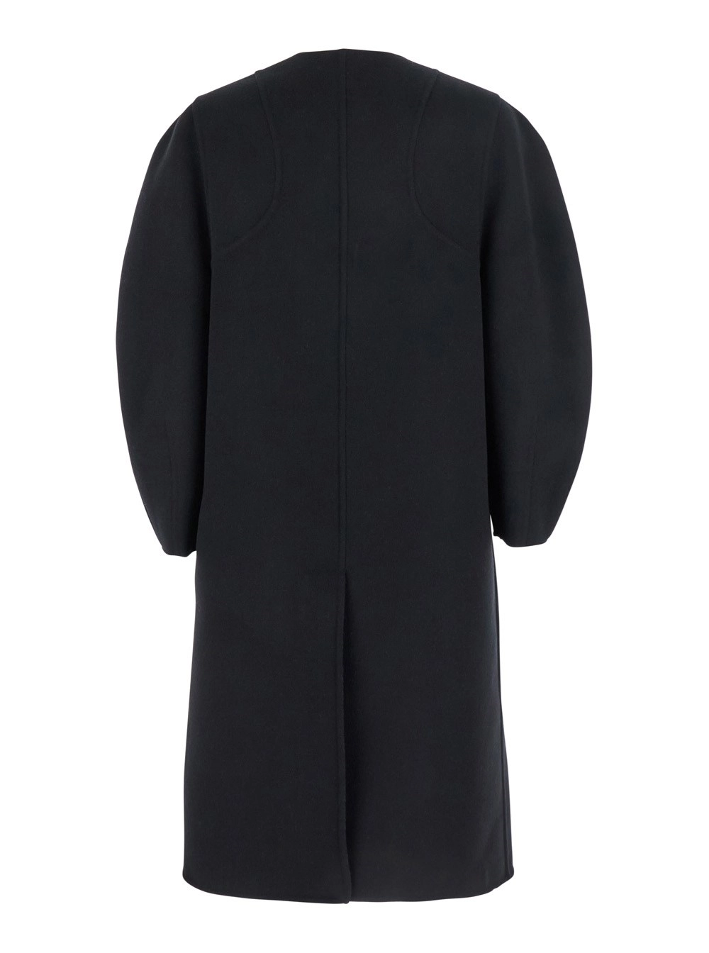 Fendi Cappotto Girocollo con Maniche a Palloncino e Due Tasche in Pelliccia sul Fronte in Misto Lana Nero Donna, view 2